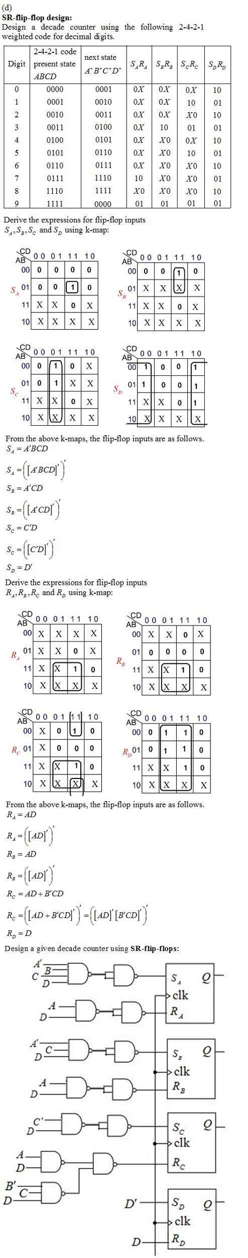 SR-flip-flop design: Design a decade counter using the following 2-4-2-1 weighted code for decimal digits. 2-4-2-1 code next