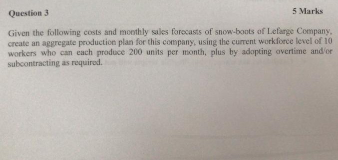 Question 3 5 Marks Given the following costs and monthly sales forecasts of snow-boots of Lefarge Company create an aggregate production plan for this company, using the current workforce level of 10 workers who can each produce 200 units per month, plus by adopting overtime and/or subcontracting as required.