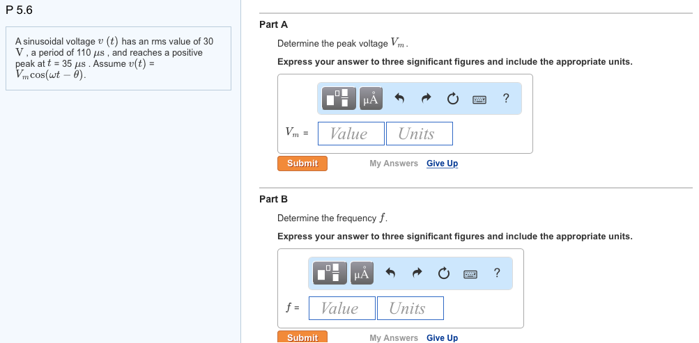 Solved P 5 6 Part A A Sinusoidal Voltage V T Has An Rms Chegg Com