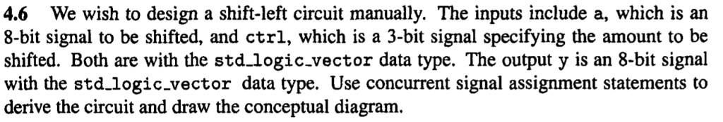 4.6 We wish to design a shift-left circuit manually. The inputs include a, which is an 8-bit signal to be shifted, and ctrl, which is a 3-bit signal specifying the amount to be shifted. Both are with the std.logic.vector data type. The output y is an 8-bit signal with the std.logic.vector data type. Use concurrent signal assignment statements to derive the circuit and draw the conceptual diagram.