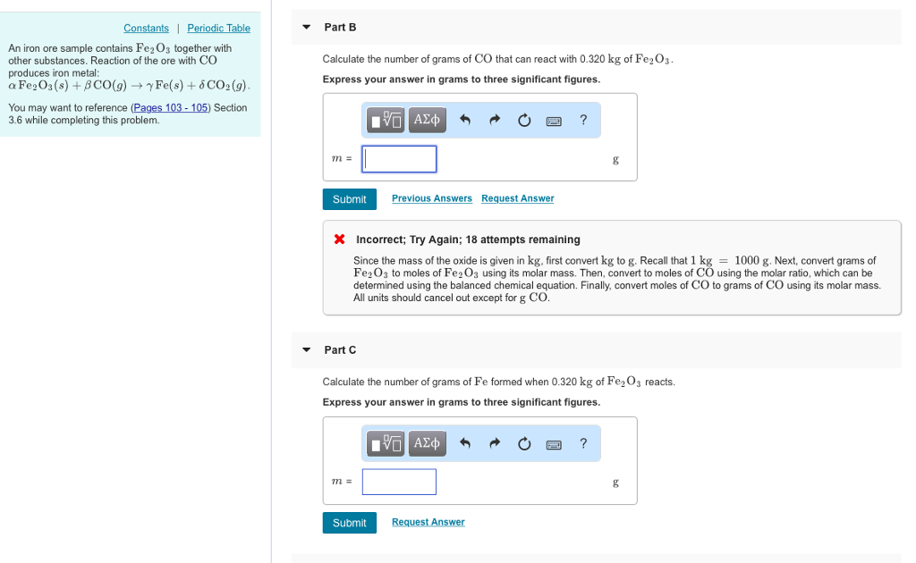 Solved Part B An Iron Ore Sample Contains Fe2 03 Together Chegg Com