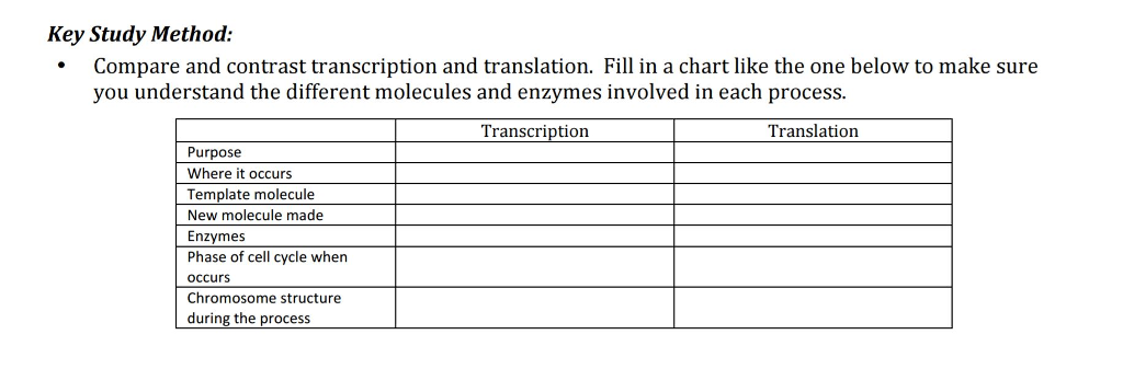 Transcription Translation Chart