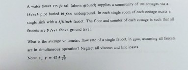 Solved A Water Tower 175 Ft Tall Above Ground Supplies