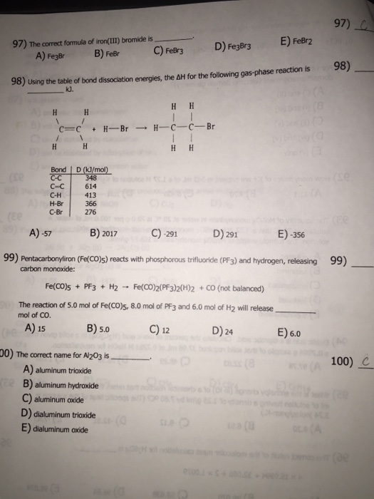 97) The correct formula of iron(III) bromide is 98