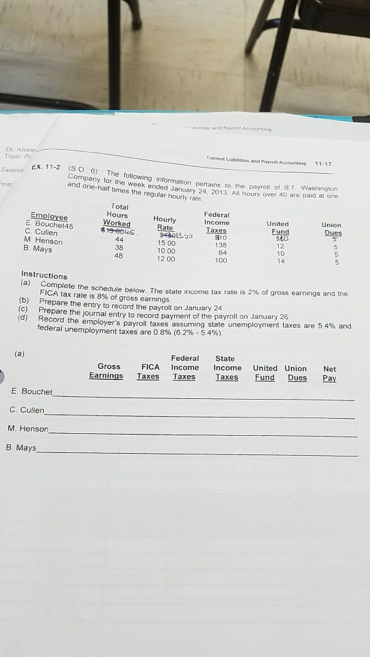 hilities and Payroll Accounting Current Liabilities and Payrol Accounting 11-17 Dr. Alexar EX. 11-2 (S o. 6) The following information pertains to the payroll of e Exercis Company for the week ended January 24, 20 and one-half times the regular hourly rate 5 13. All hours over 40 are paid at one Total Hours Federal Income Hourly United Union Employee E. Bouchet45 C. Cullen M. Henson B. Mays Fund 12 10 10.00 Instructions a Complete the schedule below. The state income tax rate is 2% of gross earnings and the (b) Prepare the entry to record the payroll on January 24 C) Prepare the journal entry to record payment of the payroll on January 26 FICA tax rate is 8% of gross earnings (d) R ecord fed 9 the employers payroll taxes assuming state unemployment taxes are 54% and eral unemployment taxes are 08% (62%-54%) Gross FICA Income Income United Union Net Earnings Taxes Taxes Taxes Fund Dues Pay Federal State E. Bouchet C. Cullen M. Henson B. Mays