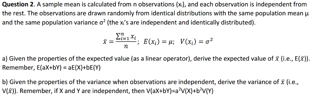 A Sample Mean Is Calculated From N Observations X Chegg Com