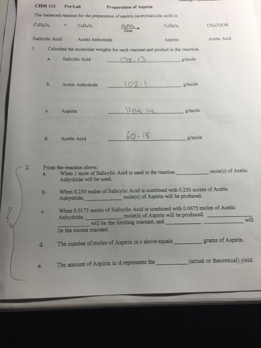 Chm 111 Pre Lab Preparation Of Aspirin The Balanced Chegg 