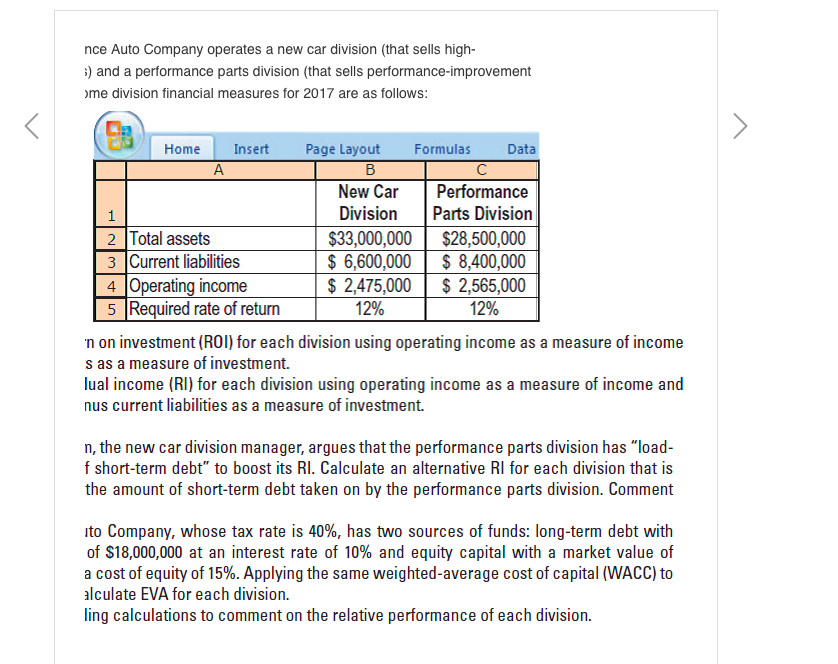 Solved Problem Roi Ri Eva Performance Auto Company Ope Chegg Com