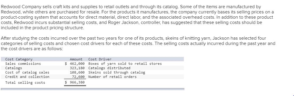 Redwood Company sells craft kits and supplies to retail outlets and through its catalog. Some of the items are manufactured by Redwood, while others are purchased for resale. For the products it manufactures, the company currently bases its selling prices on a product-costing system that accounts for direct material, direct labor, and the associated overhead costs. In addition to these product costs, Redwood incurs substantial selling costs, and Roger Jackson, controller, has suggested that these selling costs should be included in the product pricing structure. After studying the costs incurred over the past two years for one of its products, skeins of knitting yarn, Jackson has selected four categories of selling costs and chosen cost drivers for each of these costs. The selling costs actually incurred during the past year and the cost drivers are as follows: Cost Category Sales commissions Catalogs Cost of catalog sales Credit and collection Amount Cost Driver 462,000 Boxes of yarn sold to retail stores 323,180 Catalogs distributed 108,600 Skeins sold through catalog 72,600 Number of retail orders Total selling costs $ 966,380