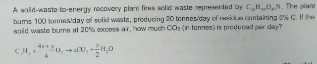 A solid-waste-to-energy recovery plant fires solid waste represented by CsoH,0040N. The plant burns 100 tonnes/day of solid waste, producing 20 tonnes/day of residue containing 5% C. If the solid waste burns at 20% excess air, how much CO2 (in tonnes) is produced per day? 4x+y 4 ,CO, 110