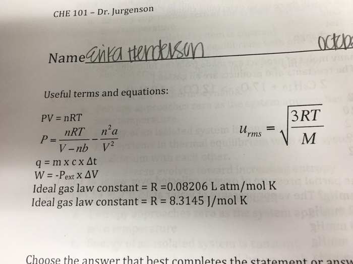 Solved Useful Terms And Equations Pv Nrt P Nrt V N Chegg Com