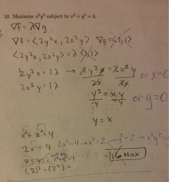 Solved Maximize X 2y 2 Subject To X 2 Y 2 4 Nabla F Lam Chegg Com
