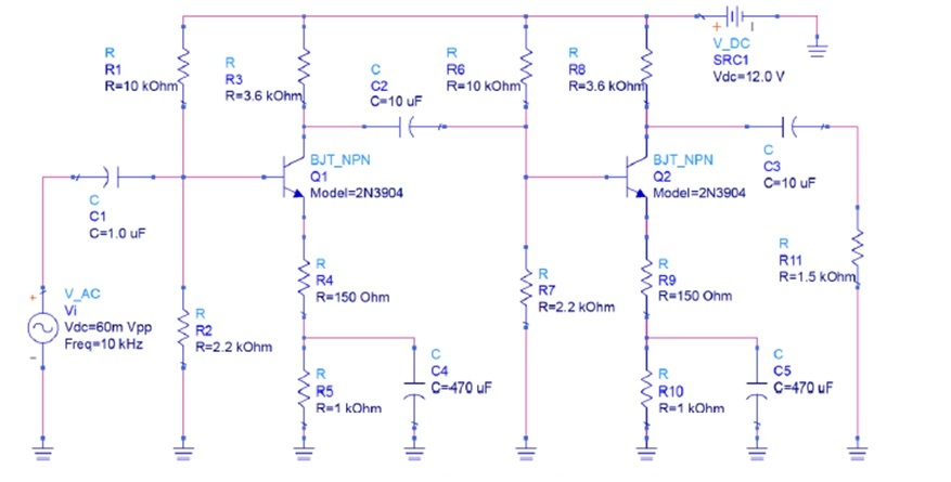 V DC SRC1 R1 R-10 kOhm R6 R-10 kOhmm Vdc-12.0V R3 R-3.6 k R-3.6 k C-10 uF BJT NPN BJT NPN C 10 uF Model 2N3904 Model-2N3904 C1 C-1.0 uF R11 R4 R-150 Ohm R7 R-2.2 kOhm R9 R-150 Ohm Vi Vdc 60m Vpp R2 R-2.2 kOhm Freq 10 kHz C4 C-470 uF C5 C-470 uF R5 R-1 kOhm R10 R-1 kOhm