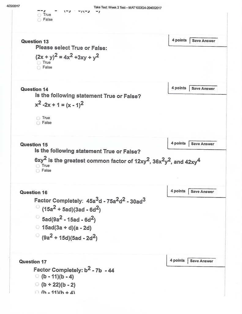 Solved Select True Or False 2x Y 2 4x 2 3xy Y Chegg Com