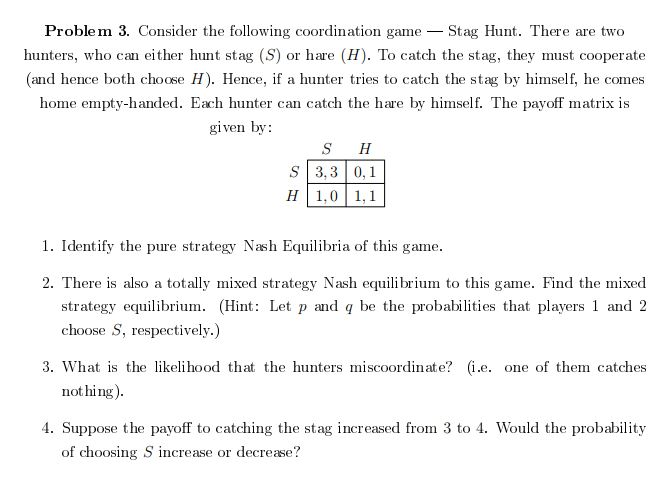 Solved Problem 3. Consider the following coordination game | Chegg.com