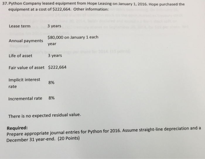 Python Pany Leased Equipment From Hope Leasing On Chegg 