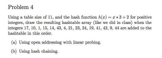 Problem 4 Using a table size of 11, and the hash function h(r) r 3 2 for positive integers, draw the resulting hashtable array (like we did in class) when the integers 17, 10, 1, 15, 14, 43, 4, 21, 23, 24, 19, 41, 42, 9, 44 are added to the hashtable in this order (a) sing open addressing with linear probing. U (b) Using hash chaining.