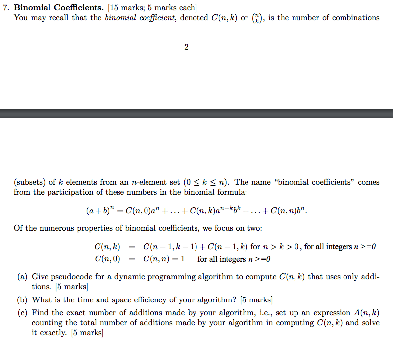Solved You May Recall That The Binomial Coefficient Deno Chegg Com
