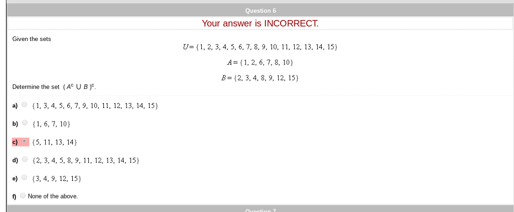 Question 6 Your Answer Is Incorrect Given The Sets U Chegg Com