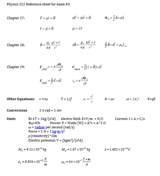 Solved: Physics 222 Reference Sheet For Exam #3 Chapter 27... | Chegg.com