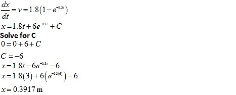 ах dt=v=1.8(1-e) Solve for C 0 0+6+C C--6 x=1.8(3)+6(e39-6 x 0.3917m