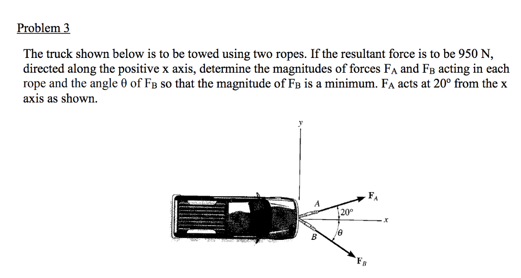 Problem 3 The truck shown below is to be towed using two ropes. If the resultant force is to be 950 N, directed along the positive x axis, determine the magnitudes of forces FA and FB acting in each rope and the angle ? of FB so that the magnitude of FB is a minimum. FA acts at 200 from the x axis as shown FA 20°