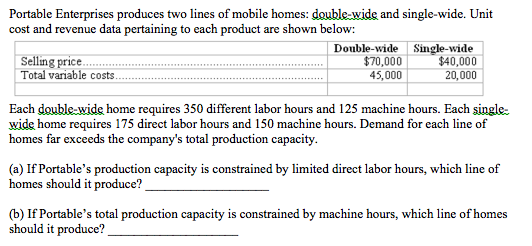 Portable Enterprises produces two lines of mobile homes: double-wide and single-wide. Unit cost and revenue data pertaining to each product are shown below: Double-wide Single-wide Selling price $70,000 45,000 $40,000 20,000 Total variable costs Each double-wide home requires 350 different labor hours and 125 machine hours. Each single- wide home requires 175 direct labor hours and 150 machine hours. Demand for each line of homes far exceeds the companys total production capacity. (a) If Portables production capacity is constrained by limited direct labor hours, which line of homes should it produce? (b) If Portables total production capacity is constrained by machine hours, which line of homes should it produce?