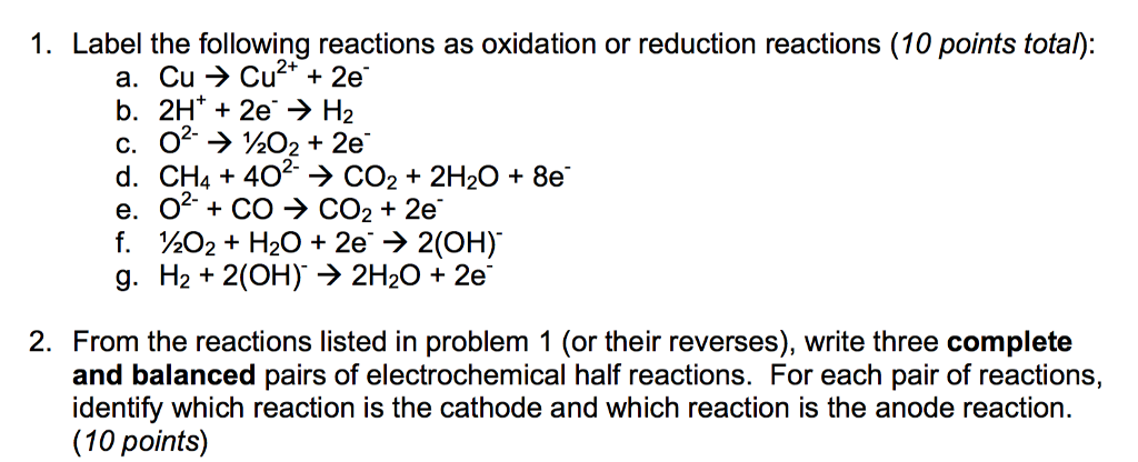 Solved 1 Label The Following Reactions As Oxidation Or R Chegg Com