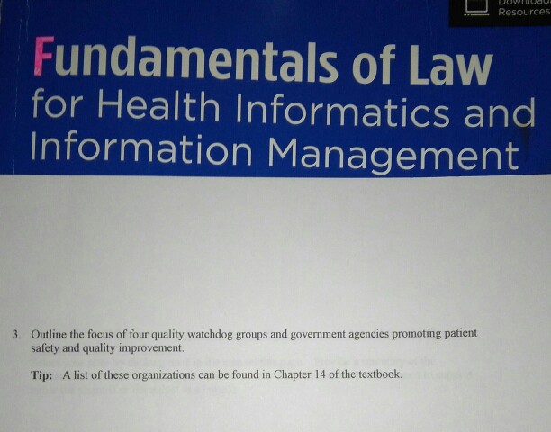 Resources Fundamentals of Law for Health Informatics and Information Management Outline the focus of four quality watchdog groups and government agencies promoting patient safety and quality improvement 3. Tip: A list of these organizations can be found in Chapter 14 of the textbook.