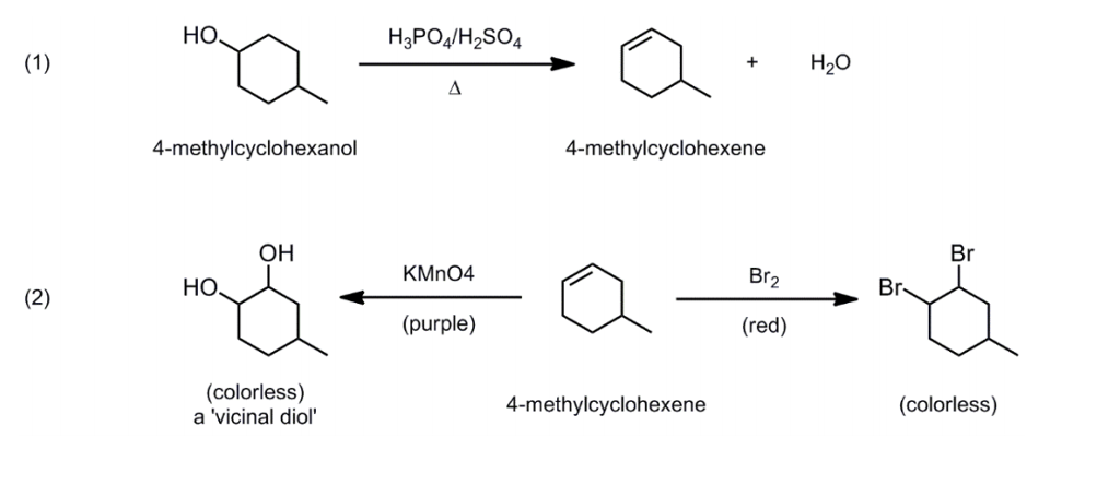 HO H3PO/H2SC4 H2O 4-methylcyclohexanol 4-methylcyclohexene Br OH KMnO4 Br2 ...