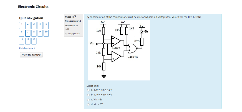 solved by consideration of the comparator circuit belowq7 electronic circuits quiz navigation 11 12 13 finish attempt view for printing question show transcribed image text