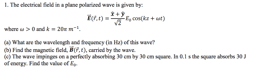 Solved The Electrical Field In A Plane Polarized Wave Is Chegg Com