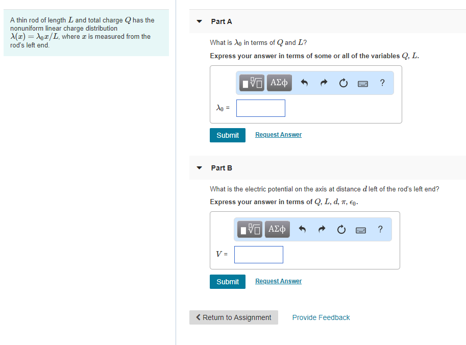 Solved A Thin Rod Of Length L And Total Charge Q Has The Chegg Com