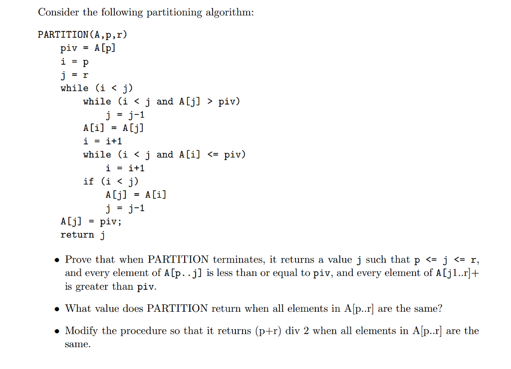 Solved Consider The Following Partitioning Algorithm Chegg Com