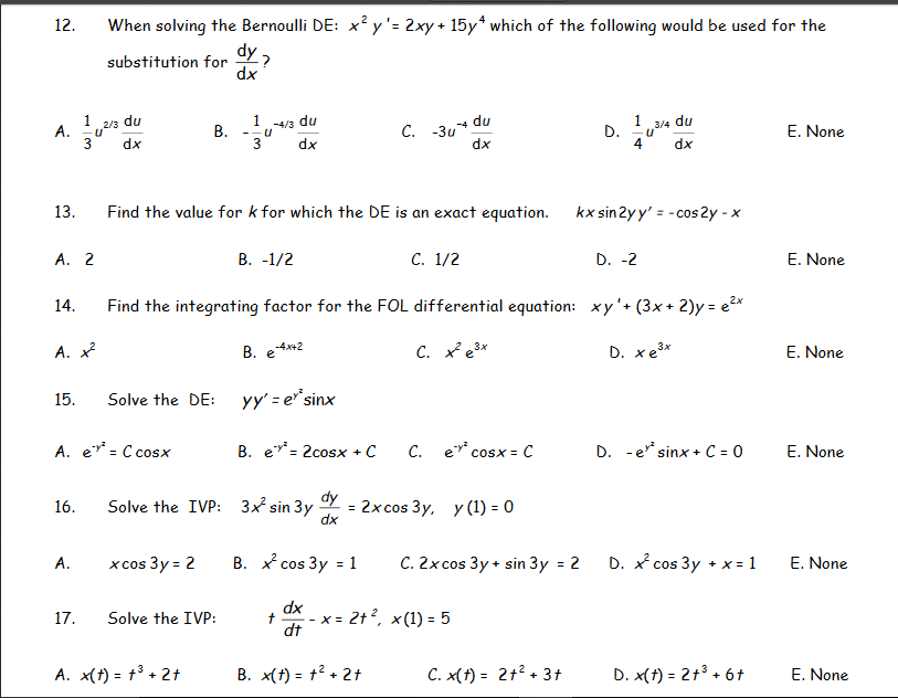 Solved When Solving The Bernoulli De X 2 Y 2xy 15y 4 Chegg Com