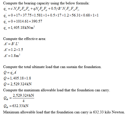 Compute the bearing capacity using the below formula: q0+17x 37.75x1.581x1+0.5x17x1.2x56.31x0.68x1x1 0+1014.61+390.57 q 1,405