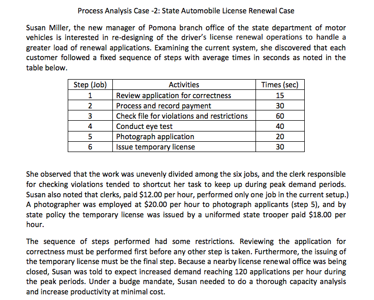 Solved If The Demand Rate Is 120 Applications Per Hour W Process Analysis Case 2 State Automobile License Renewal Susan Miller The New