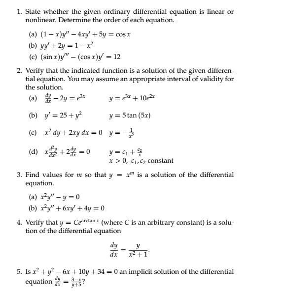 1 State Whether The Given Ordinary Differential Chegg Com