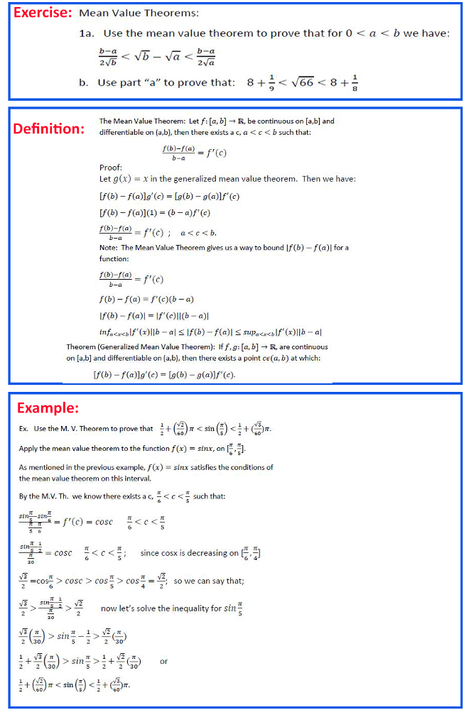 Solved Exercise Mean Value Theorems 1a Use The Mean Va Chegg Com