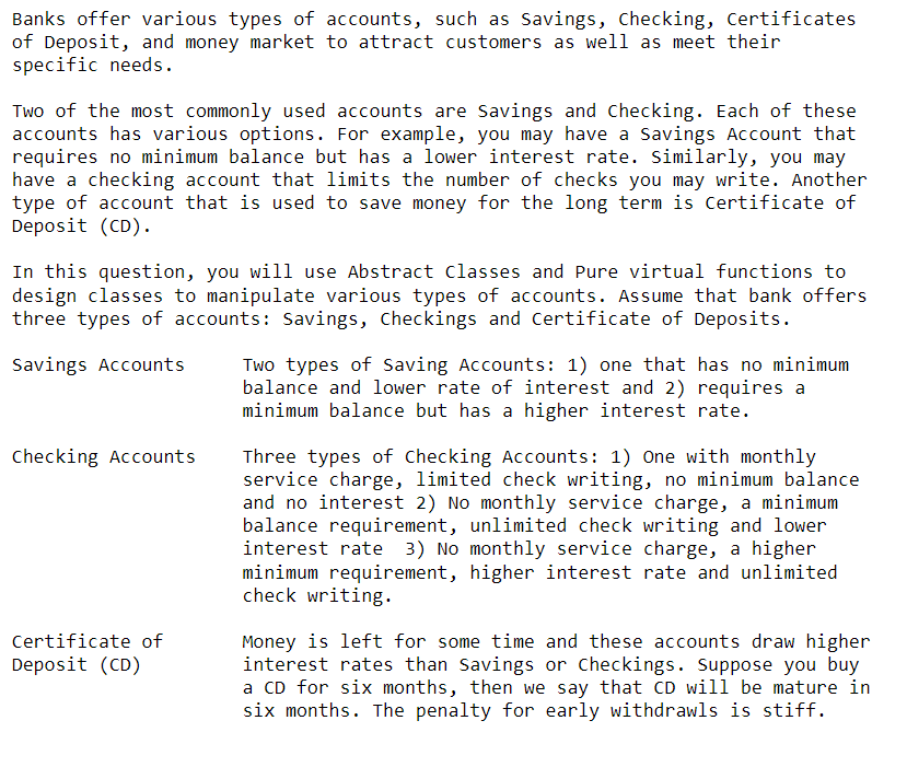 Solved Banks Offer Various Types Of Accounts Such As Sav Chegg Com