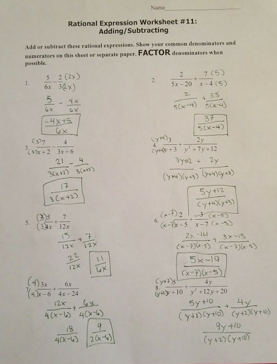 worksheet.name.add Name Worksheet Rational Expression Solved: #11: Adding/Sub