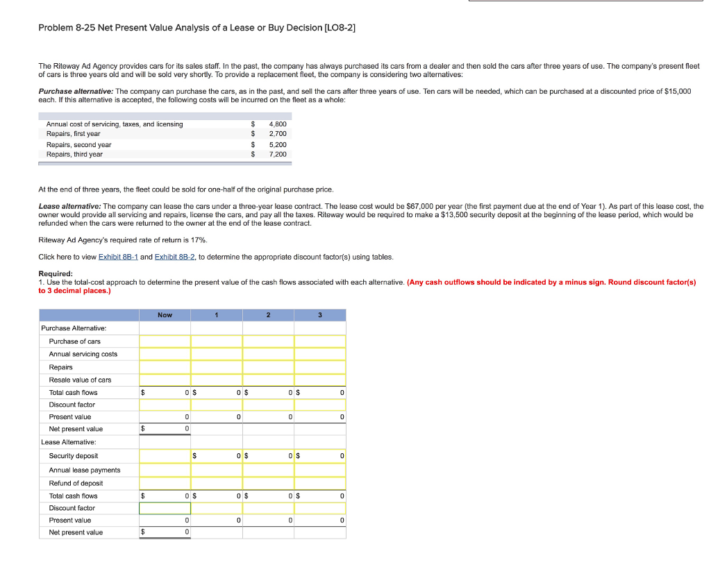 solved problem 8 25 net present value analysis of a lease lease vs purchase analysis