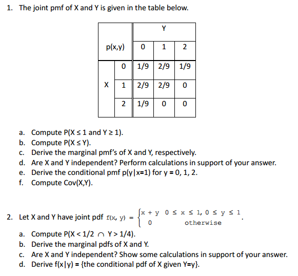 The Joint Pmf Of X And Y Is Given In The Table Bel Chegg Com