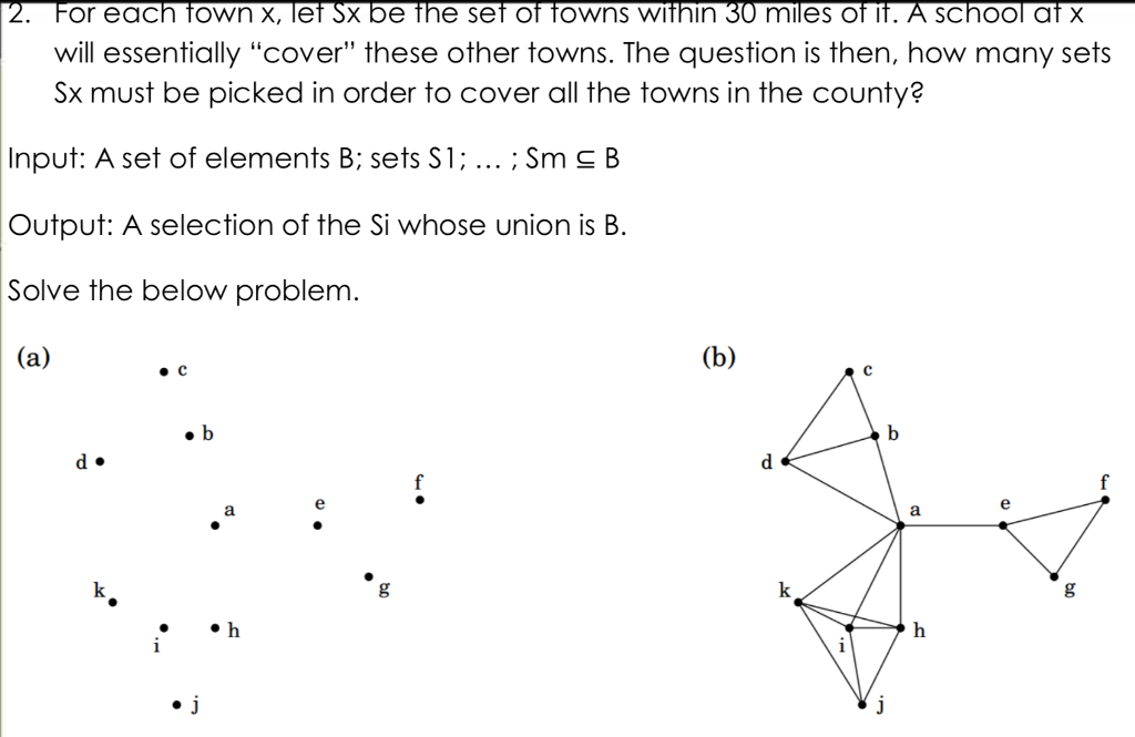 will essentially cover these other towns. The question is then, how many sets Sx must be picked in order to cover all the towns in the county? Input: A set of elements B: sets S1:. Sm SB Output: A selection of the Si whose union is B. Solve the below problem. ·C d. oh