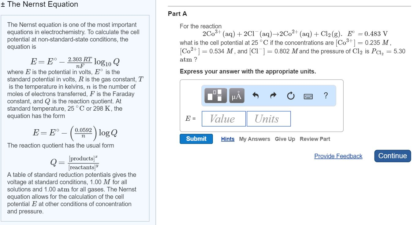 Solved Nernst Equation For The Reaction 2co3 Aq 2cl Chegg Com