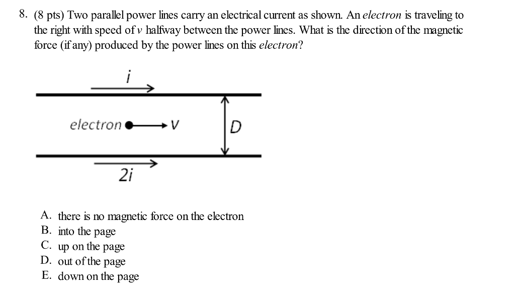Solved 8. (8 Pts) Two Parallel Power Lines Carry An Elect...