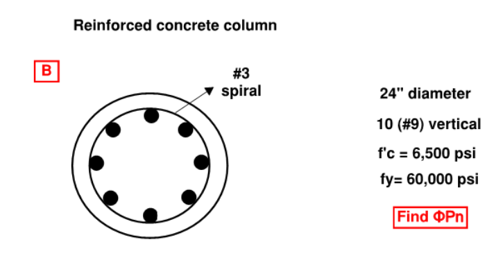 Reinforced concrete column #3 ? spiral 24 diameter 10 (#9) vertical fc = 6,500 psi fy 60,000 psi Find DPn 10