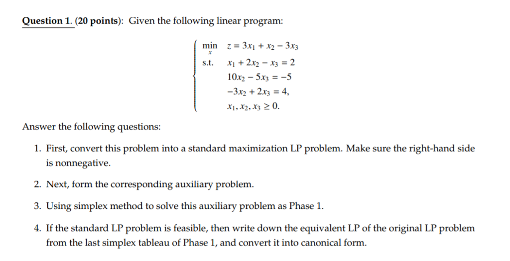 solved question 1 20 points given the following linear canonical form linear programming