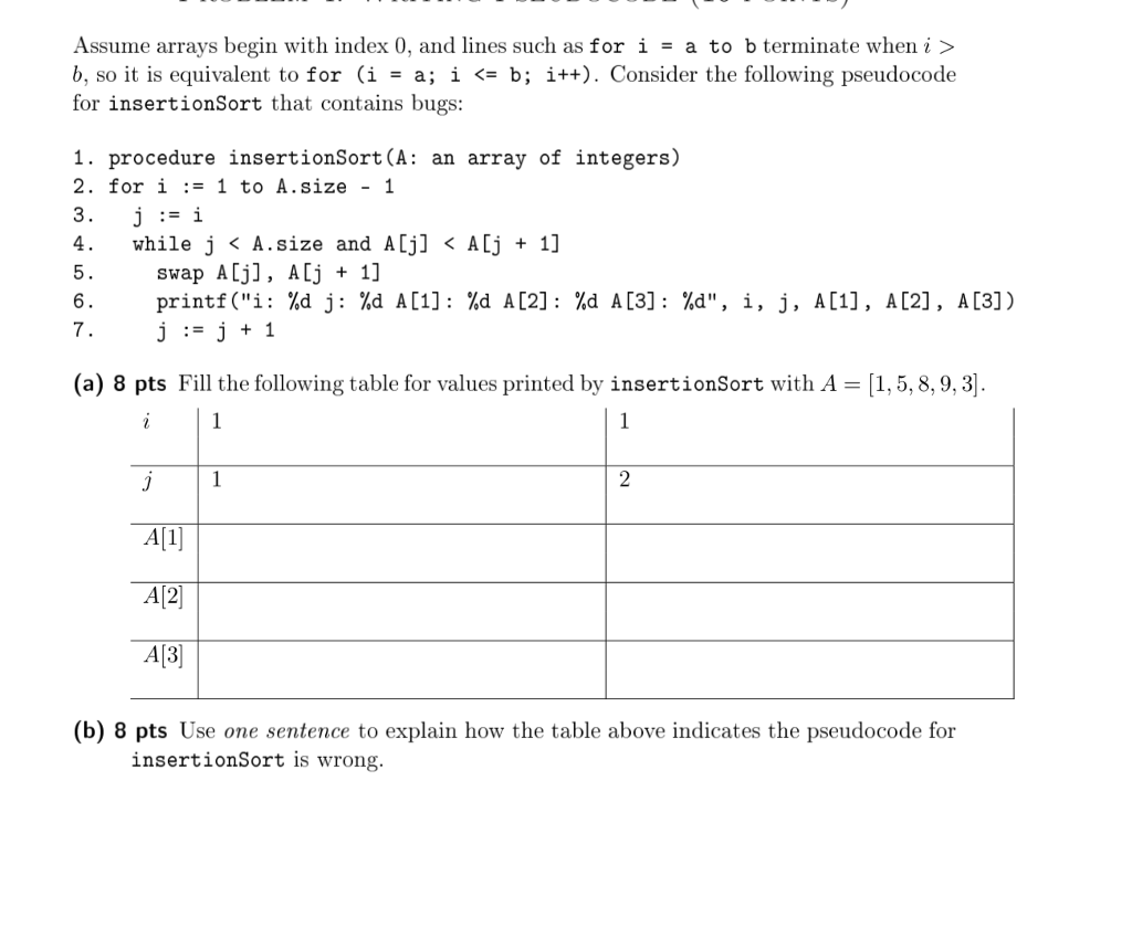 Assume arrays begin with index 0, and lines such as for i - a to b terminate wheni> b, so it is equivalent to for (i = a; í <= b; i++). Consider the following pseudocode for insertionSort that contains bugs: 1. procedure insertionSort (A: an array of integers) 2. for i1 to A.size -1 4. while j < A.size and ALj] < ALj 1] 5. svap A[j], A[j1] 6. printf (i: %d j: %d A[1] : %d A[2] : %d A[3] : %d, i, j, A[1] , A[2] , A[3]) (a) 8 pts Fill the following table for values printed by insertionSort with A [1,5,8,9,3 Al1 A[2 A[3) b) 8 pts Use one sentence to explain how the table above indicates the pseudocode for insertionSort is wrong.