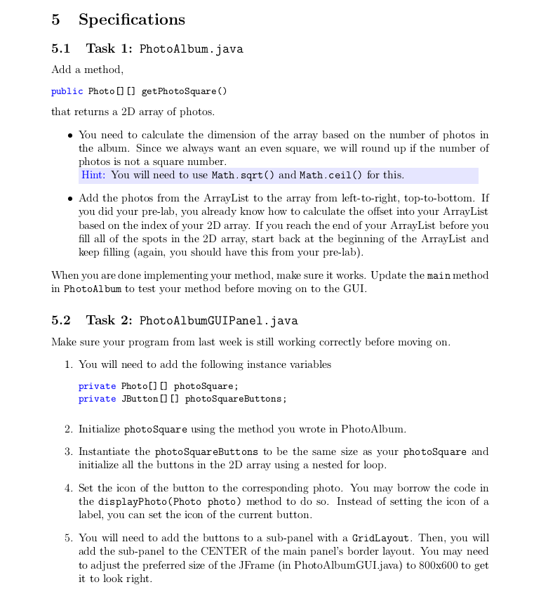 Solved 5 Specifications 5 1 Task 1 Photoalbum Java Add A